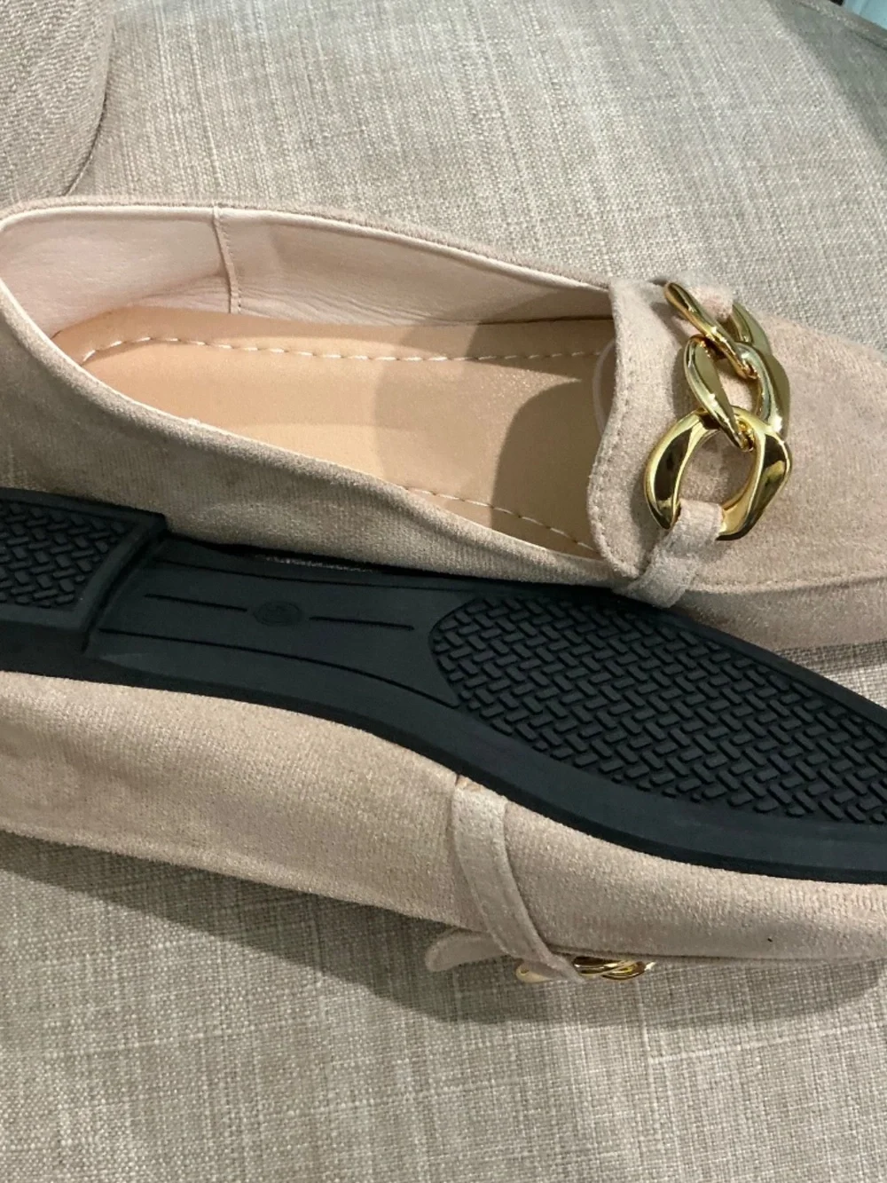 Beige Pointed Toe Loafers with Gold Chain Detail